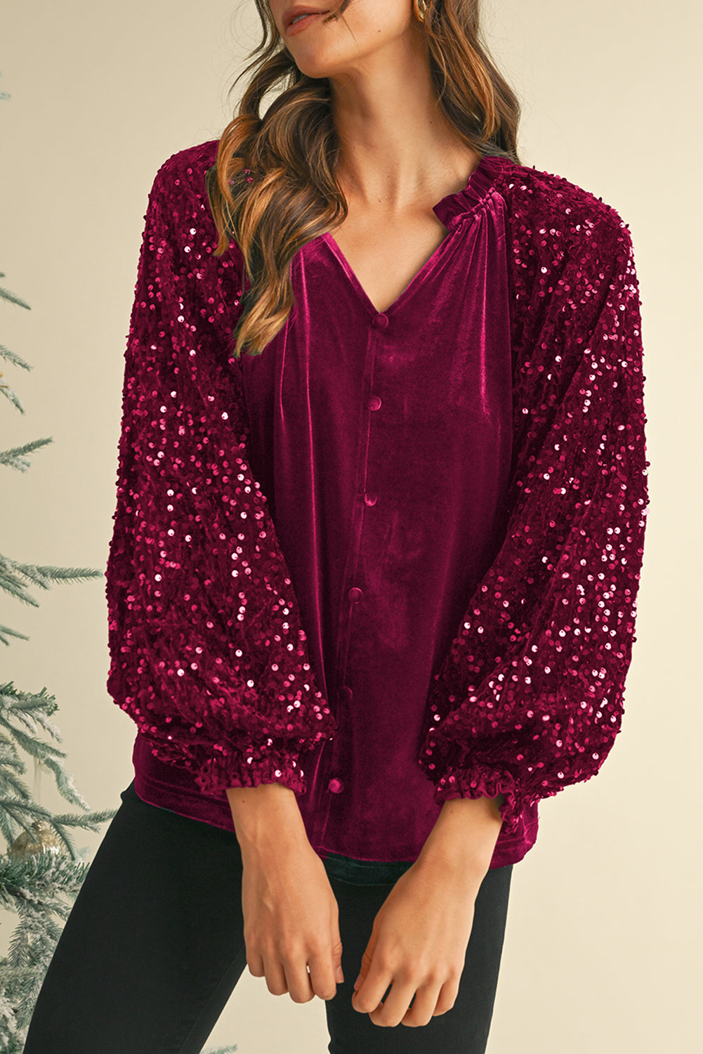 Red Dahlia Velvet Sequin Patchwork Sleeve Button Up Blouse