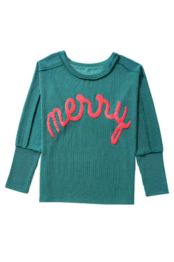 Green Merry Christmas Exposed Seam Ribbed Top