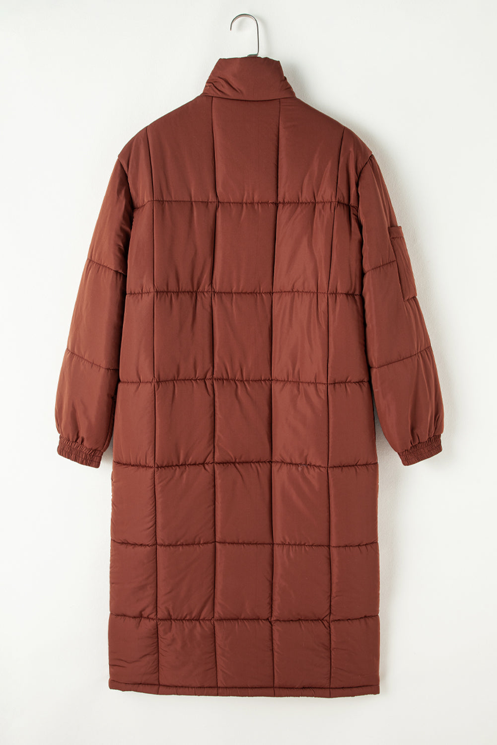 Coffee Quilted Puffer Stand Neck Zipped Mid-length Coat