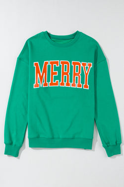 Green MERRY Print Drop Sleeve Pullover Sweatshirt