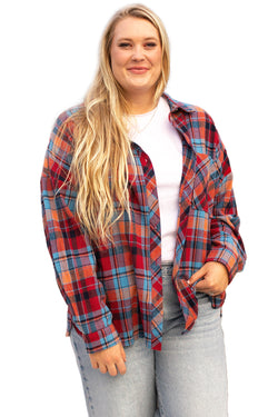 Red Plus Size Plaid Print Buttoned Shirt