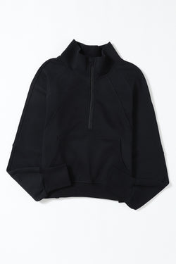 Black Zip Up Stand Collar Ribbed Thumbhole Sleeve Sweatshirt