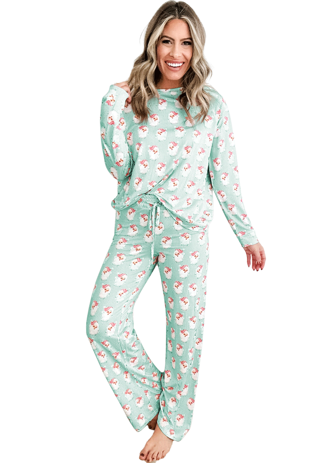 Sky Blue Santa Claus Striped Print Loose Fit Two Piece Loungewear Set