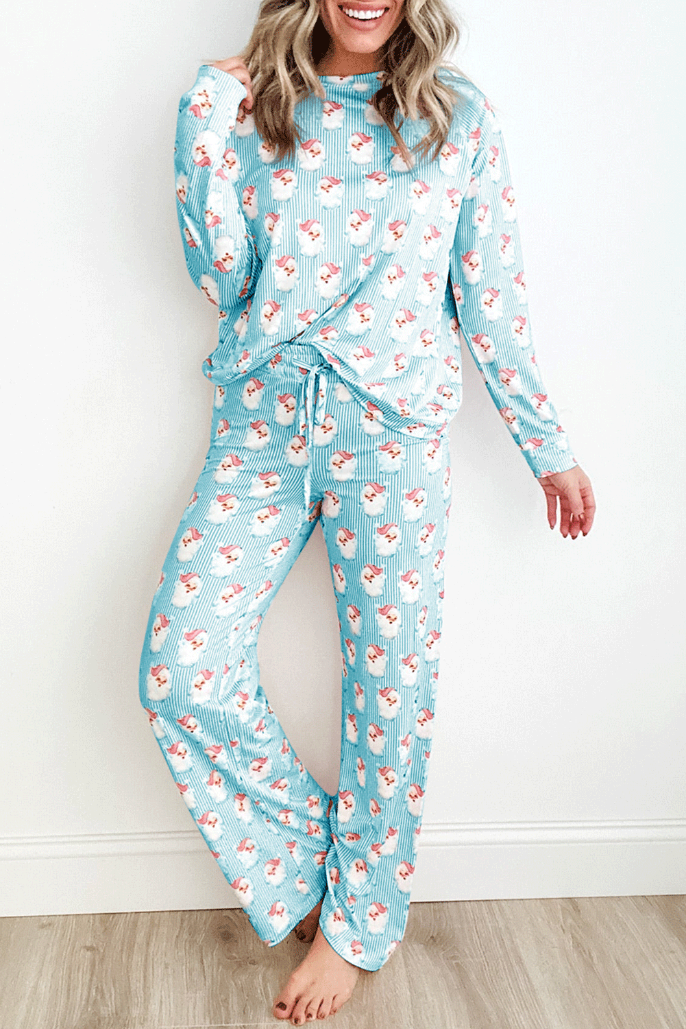 Sky Blue Santa Claus Striped Print Loose Fit Two Piece Loungewear Set