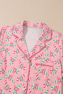 Pink Christmas Candy Cane Print Knotted Pajama Set