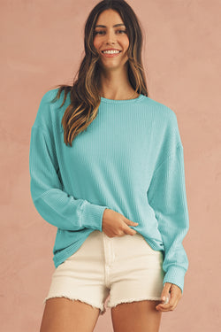 Aruba Blue Plain Crinkle Ribbed Round Neck Top