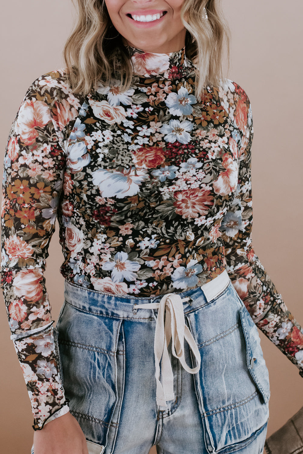 Brown Floral Print Mesh Mock Neck Slim Top