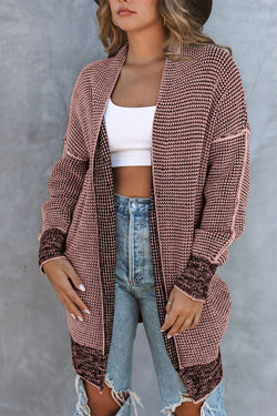 Grey Plaid Contrast Trim Casual Knit Cardigan