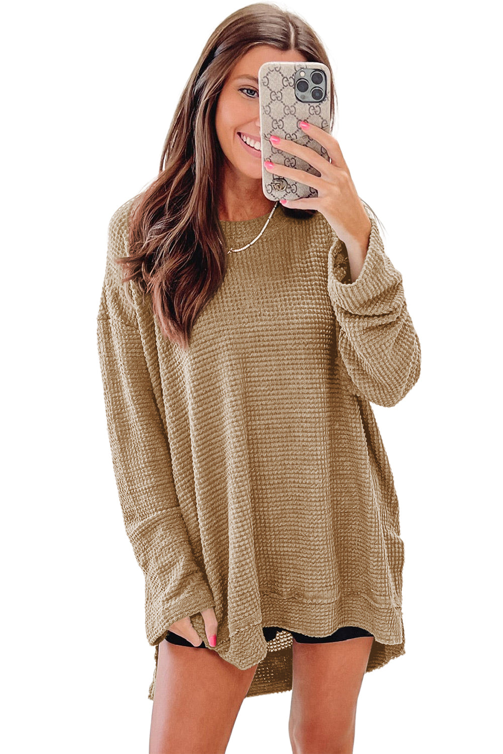 Gray Waffle Knit Drop Sleeve Side Slits Oversized Top