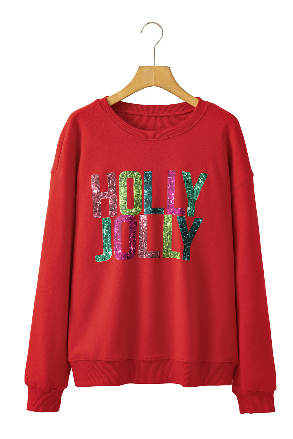 Red HOLLY JOLLY Heat Transfer Printing Graphic  Christmas Pullover Sweatshirt