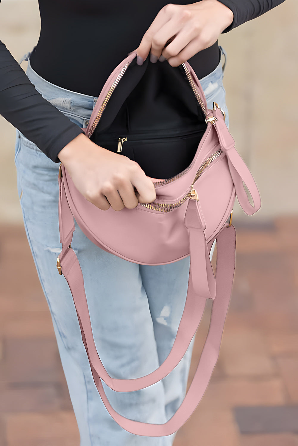 Bright Pink Strap Double Zipper Crossbody Bag