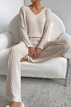 Light Pink Slouchy Ribbed Knit V Neck Top & Pants Loungewear Set