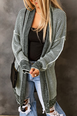 Grey Plaid Contrast Trim Casual Knit Cardigan