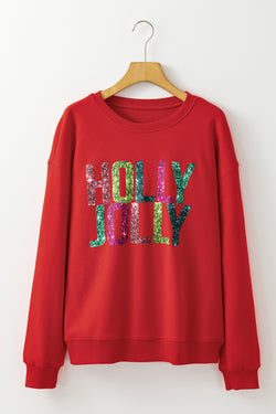 Red HOLLY JOLLY Heat Transfer Printing Graphic  Christmas Pullover Sweatshirt