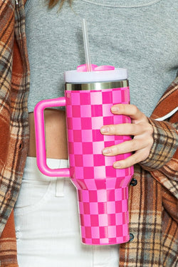 Pink Checkered Print Handled Stainless Steel Tumbler Cup