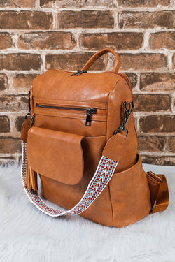 Brown Tassel Decor Retro PU Large Capacity Backpack