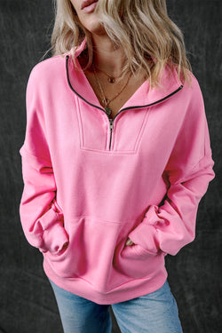 Black Zip-up Stand Neck Kangaroo Pocket Sweatshirt