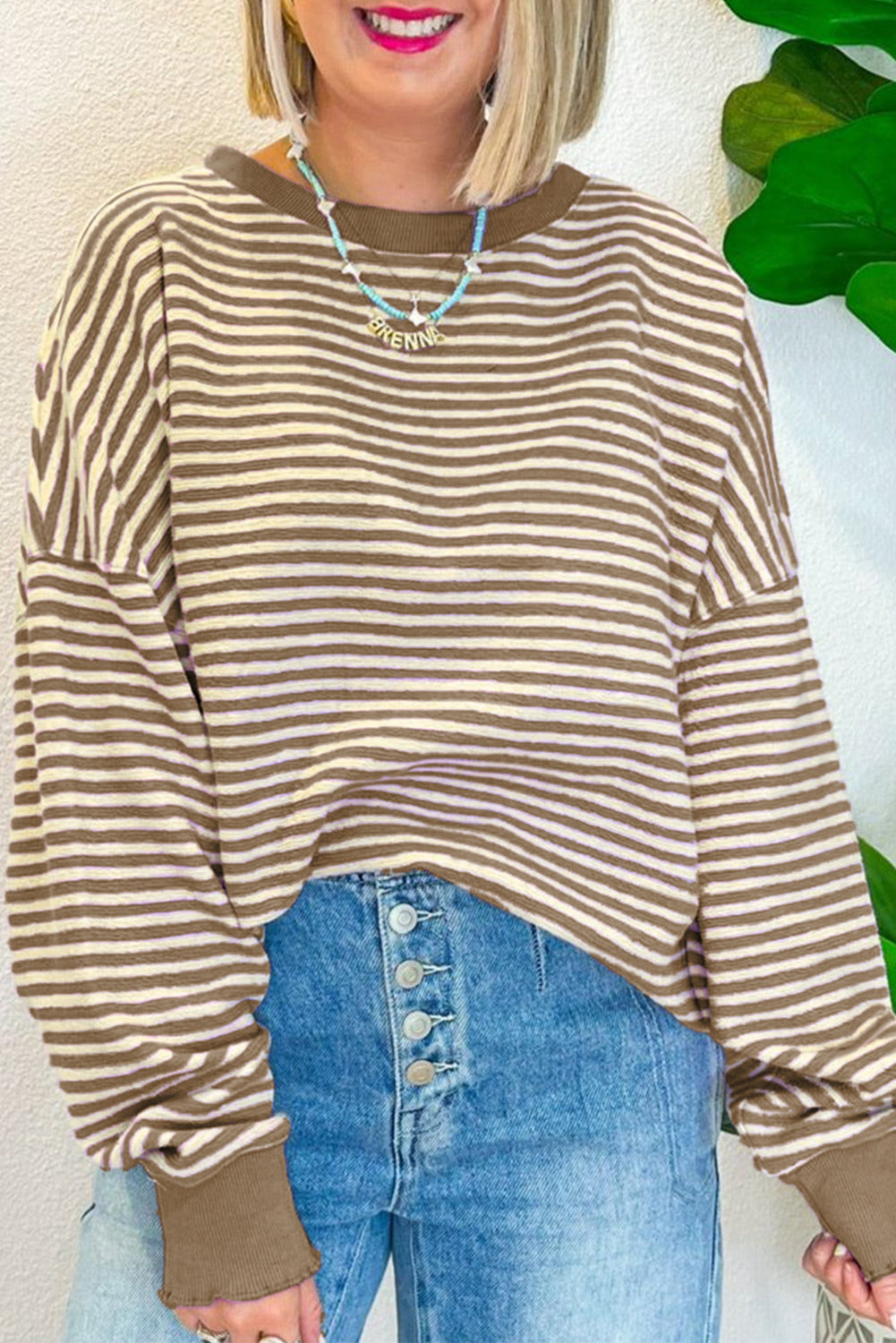 Brown Stripe Drop Shoulder Long Sleeve Top