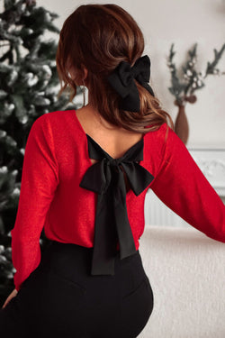 Black Sweet Bowknot Backless V Neck Top