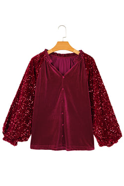 Red Dahlia Velvet Sequin Patchwork Sleeve Button Up Blouse