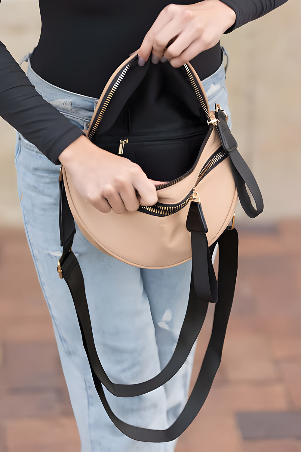 Bright Pink Strap Double Zipper Crossbody Bag
