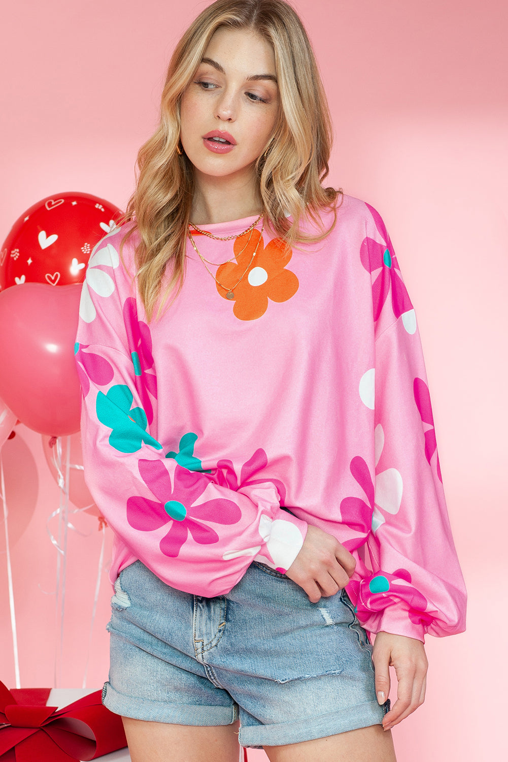 Pink 60s Floral Print Drop Shoulder Tunic Top