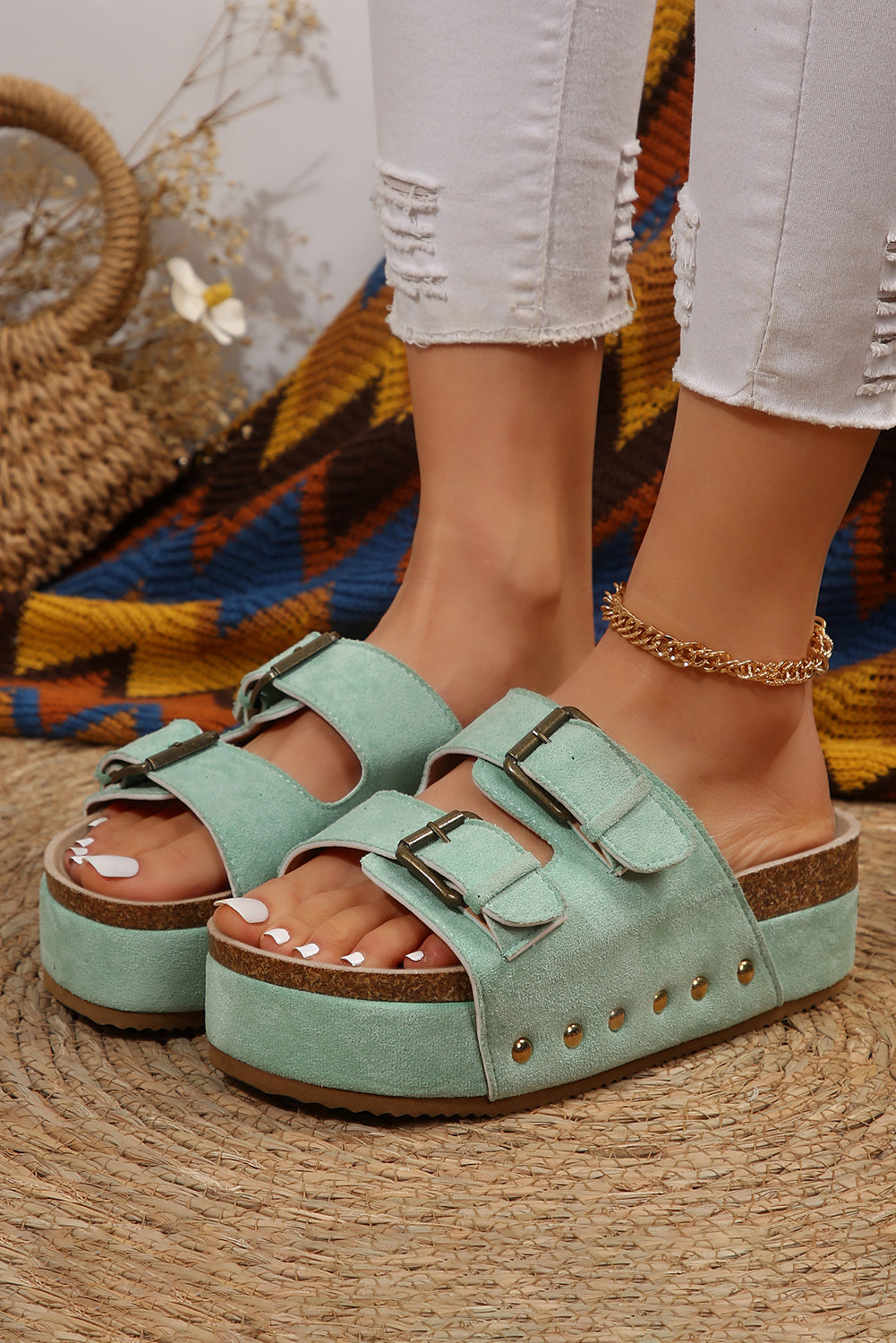 Black Suede Buckle Corky Platform Slides Shoes