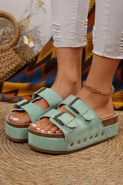Black Suede Buckle Corky Platform Slides Shoes