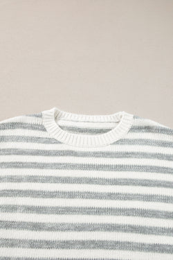 Gray Stripe Drop Shoulder Crew Neck Sweater