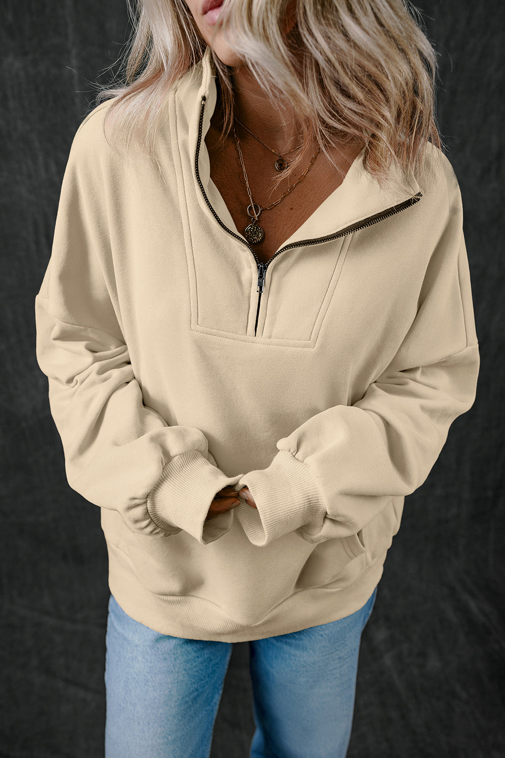 Black Zip-up Stand Neck Kangaroo Pocket Sweatshirt