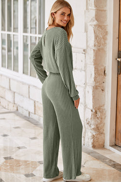 Black Solid Ribbed Knit Keyhole Back High Waist Jumpsuit