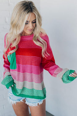 Rose Striped Patch Pocket Drop Shoulder Knit Sweater