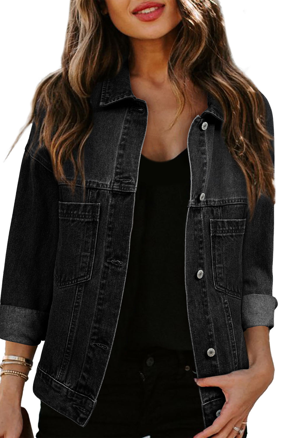 Black Washed Oversized Pocketed Denim Jacket