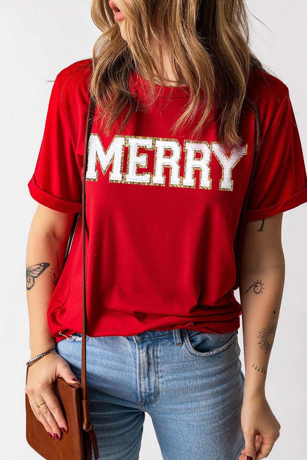 Red Christmas MERRY Graphic Cuffed Sleeve T Shirt