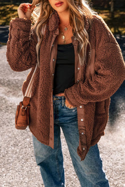 Fuzzy Snap Down Dropped Shoulder Jacket