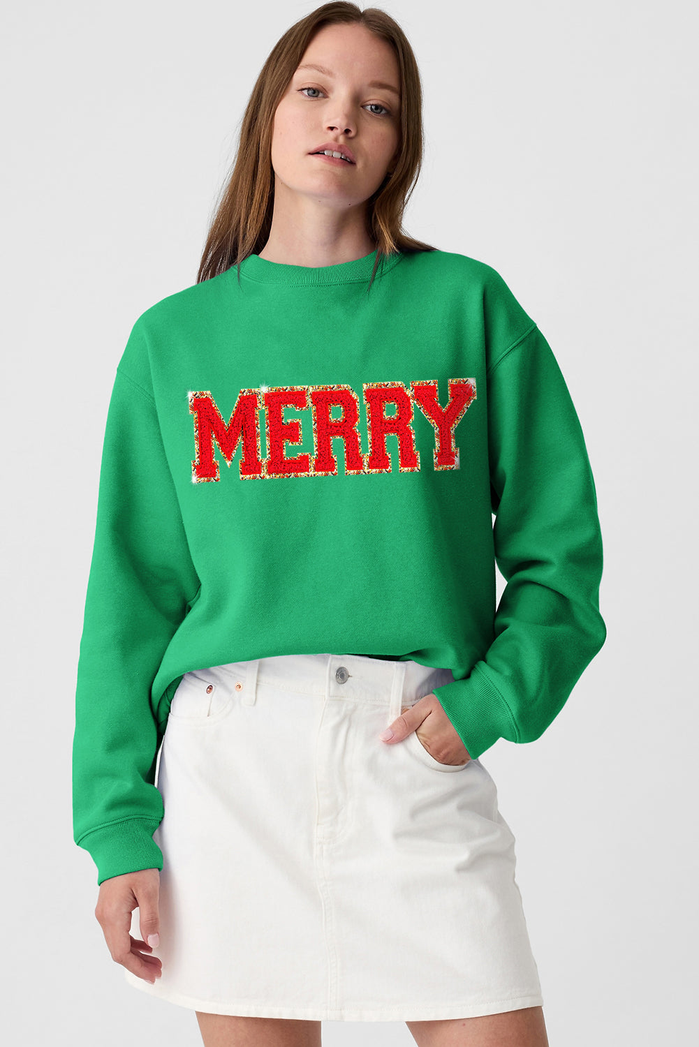 Dark Green Christmas Chenille MERRY Graphic Crew Neck Sweatshirt