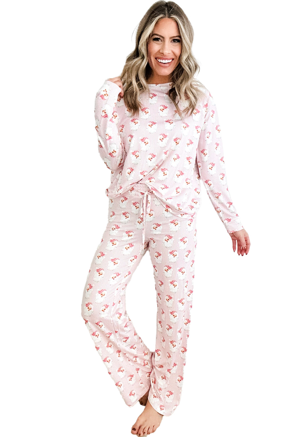 Pink Santa Claus Striped Print Loose Fit Two Piece Loungewear Set