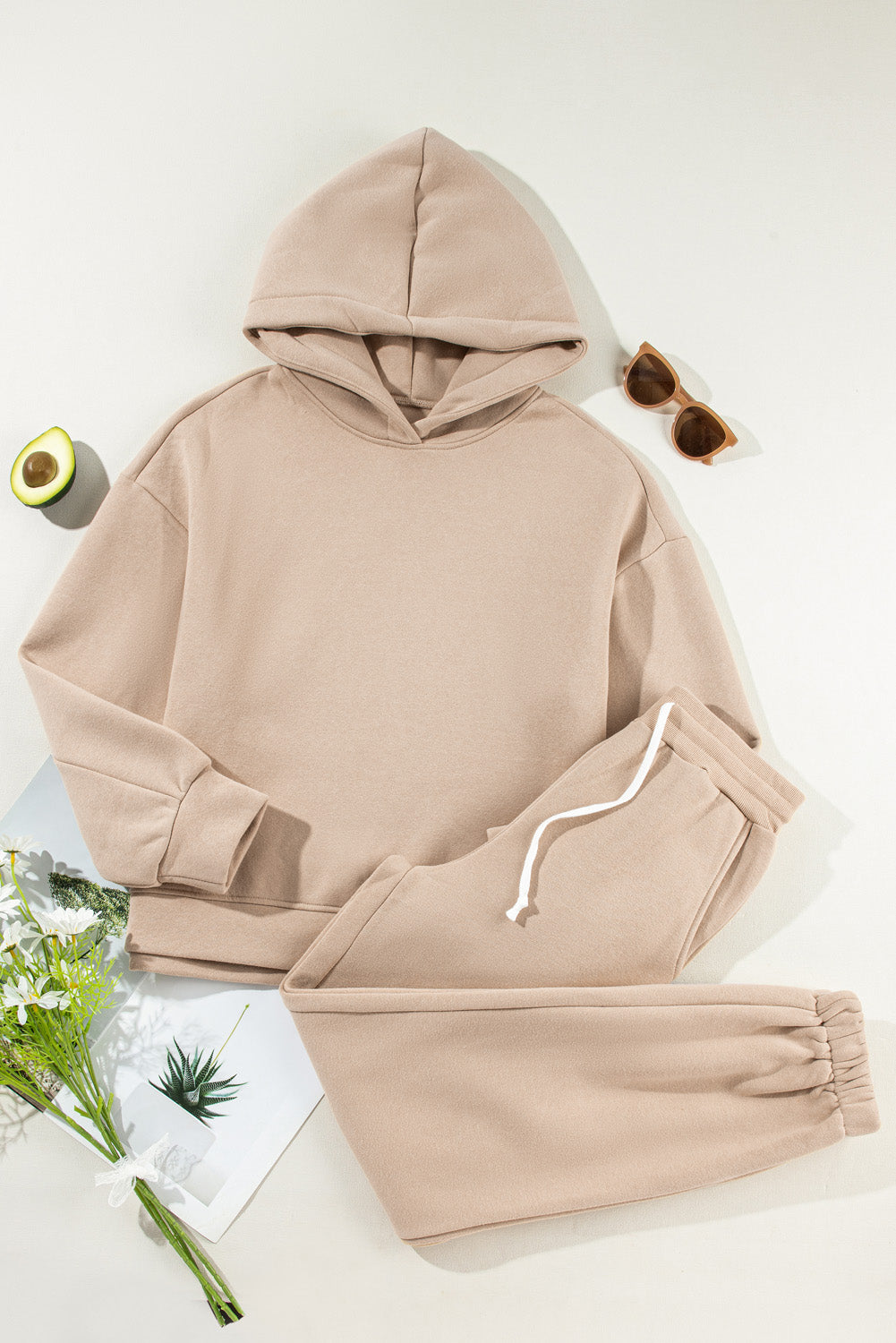 Khaki Solid Color Hoodie and Drawstring Joggers Set