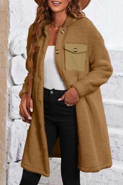 Beige Contrast Flap Pocket Single Breasted Teddy Coat