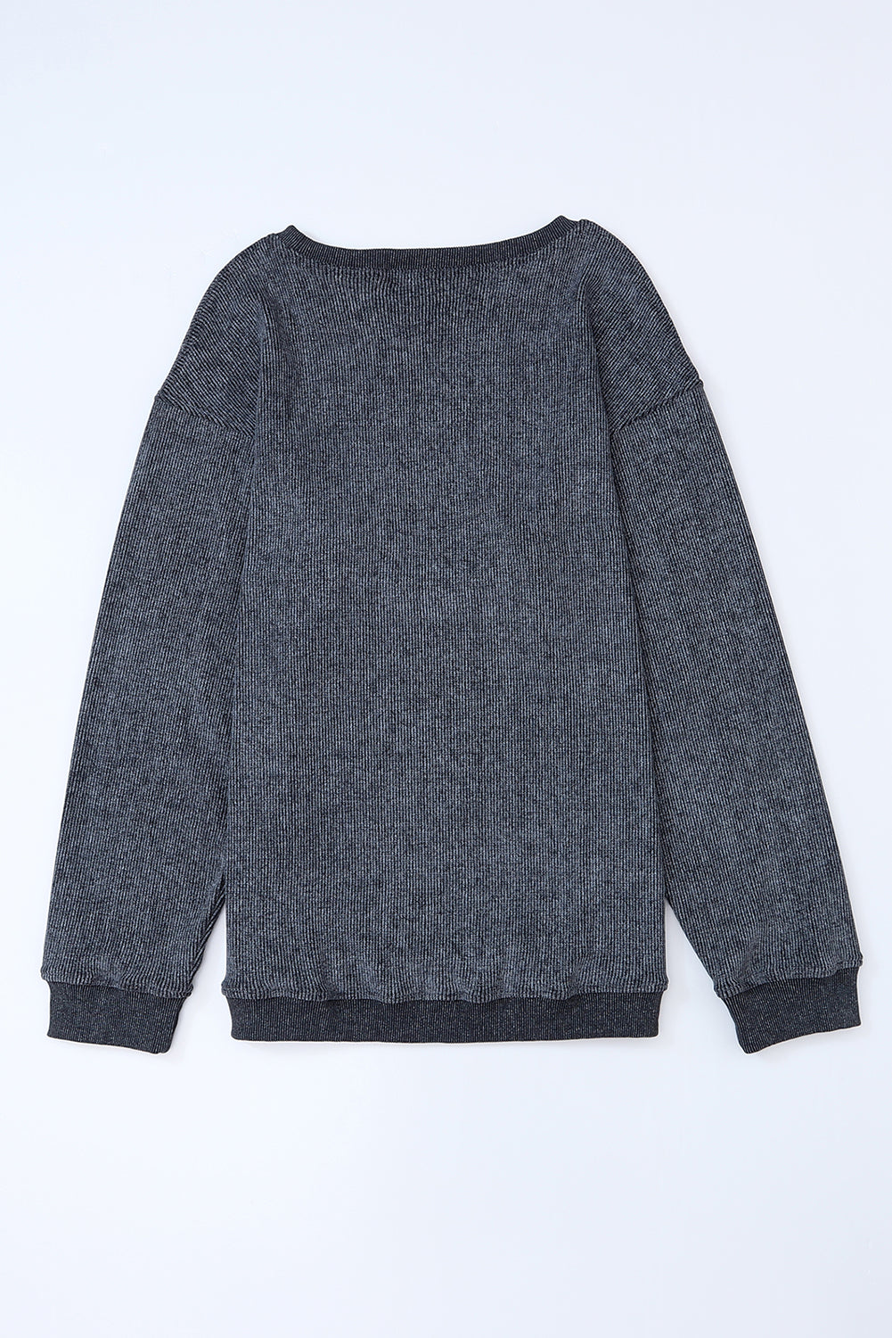 Plain Gray Solid Ribbed Knit Round Neck Pullover Sweatshirt