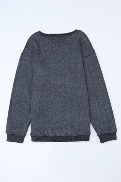 Plain Gray Solid Ribbed Knit Round Neck Pullover Sweatshirt