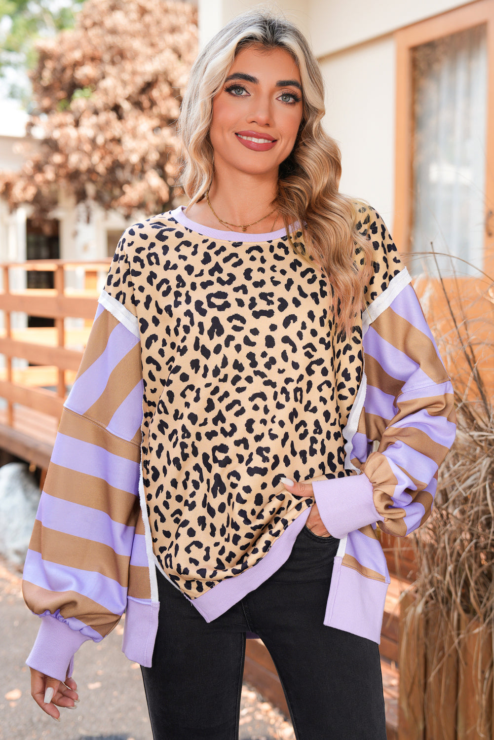 Khaki Striped Leopard Colorblock Side Slits Sweatshirt