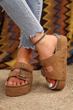 Black Suede Buckle Corky Platform Slides Shoes