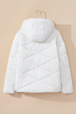 White Solid Quilted Hooded Zip Up Puffer Coat