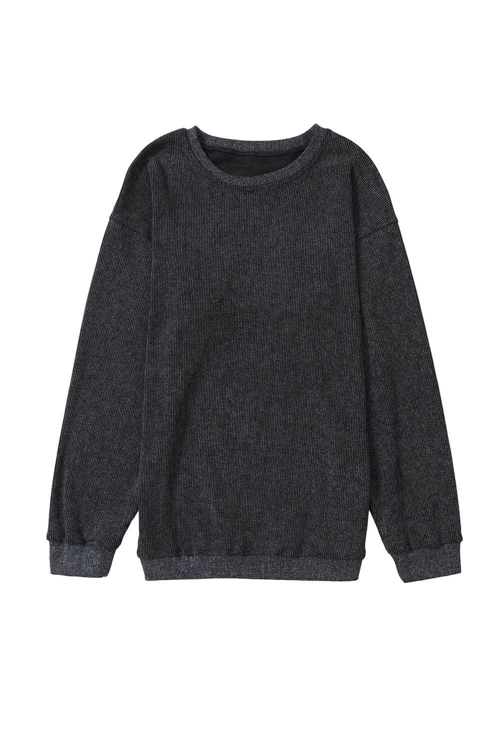 Plain Gray Solid Ribbed Knit Round Neck Pullover Sweatshirt