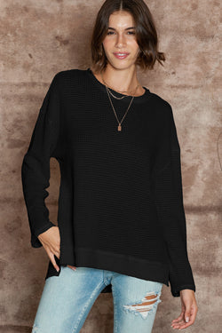 Gray Waffle Knit Drop Sleeve Side Slits Oversized Top