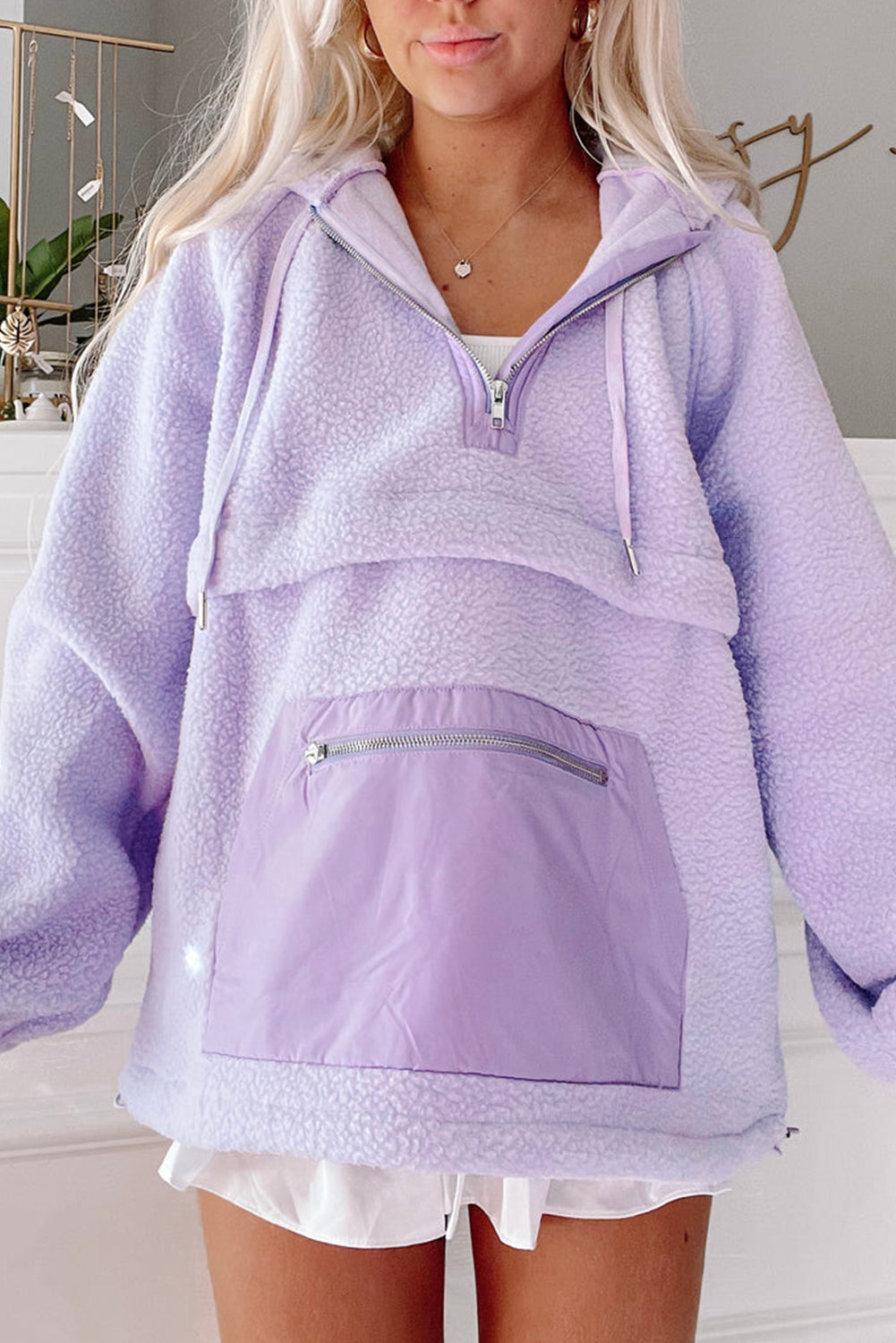 Lavendula Zipped Patch Pocket Fuzzy Drawstring Hoodie