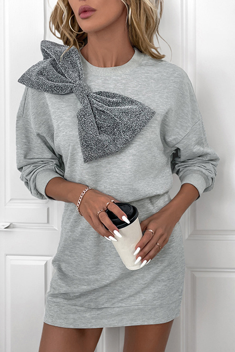 Gray Glitter Bow High Waist Sweatshirt Dress