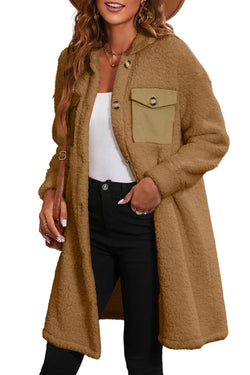 Beige Contrast Flap Pocket Single Breasted Teddy Coat