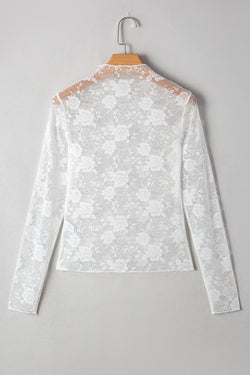 Black Mock Neck Floral Lace Mesh Long Sleeve Top